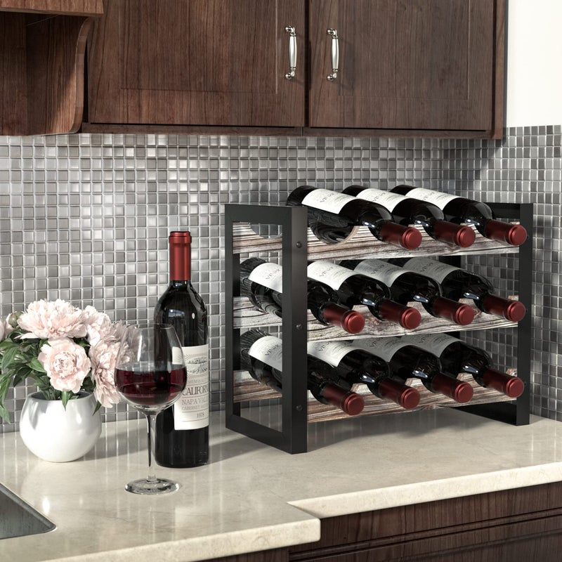 J JACKCUBE DESIGN JACKCUBE Design Wine Rack Freestanding Floor 3 Tier Stackable 12 Wine Bottle Holder Storage Racks Countertop, Liquor Shelf Stand (Rustic Wood and Black Metal Frame)- MK521A - Image 2